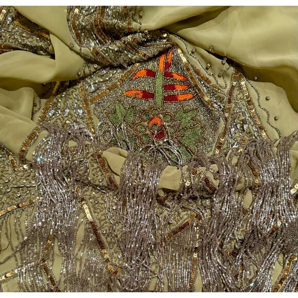 Unique Vintage 1920s Green & Silver Embroidered & Hand Beaded 
Flapper Dress (L) - Picture 6 of 9